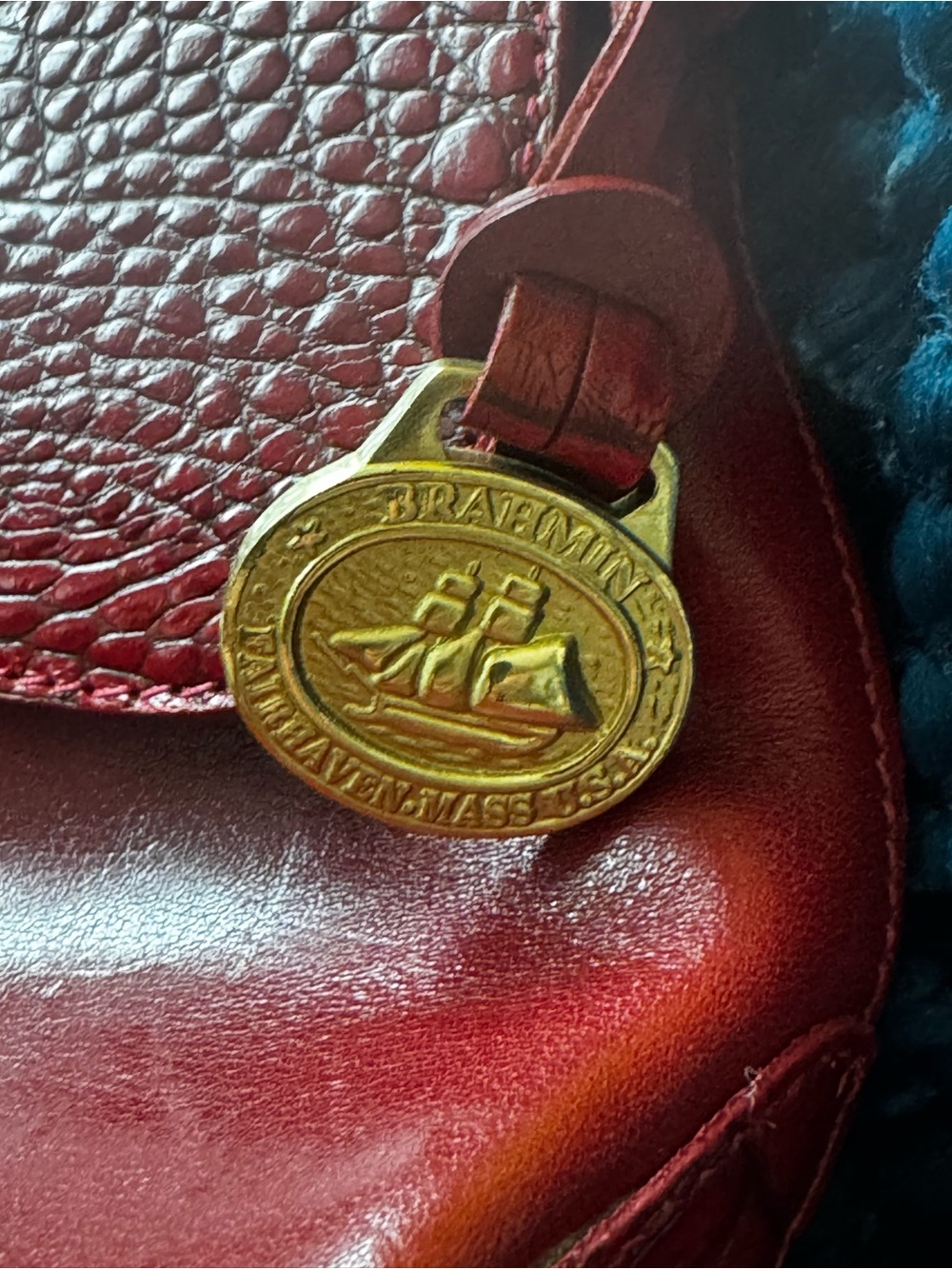 Brahmin Red Leather Crossbody with Brass Ship Medallion